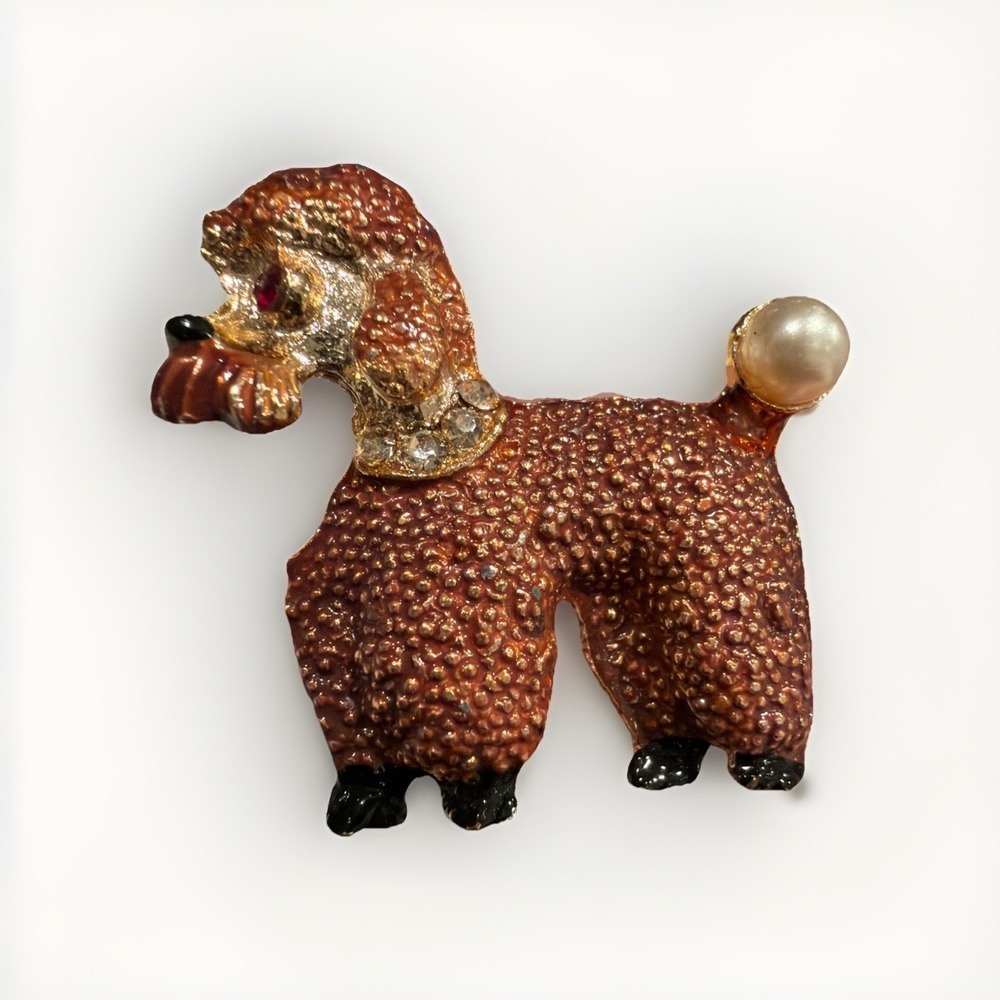 Vintage Apricot Poodle Brooch Set Pearl Tail Crystal Eyes Enamel Pins 2 Pieces - Picture 4 of 4